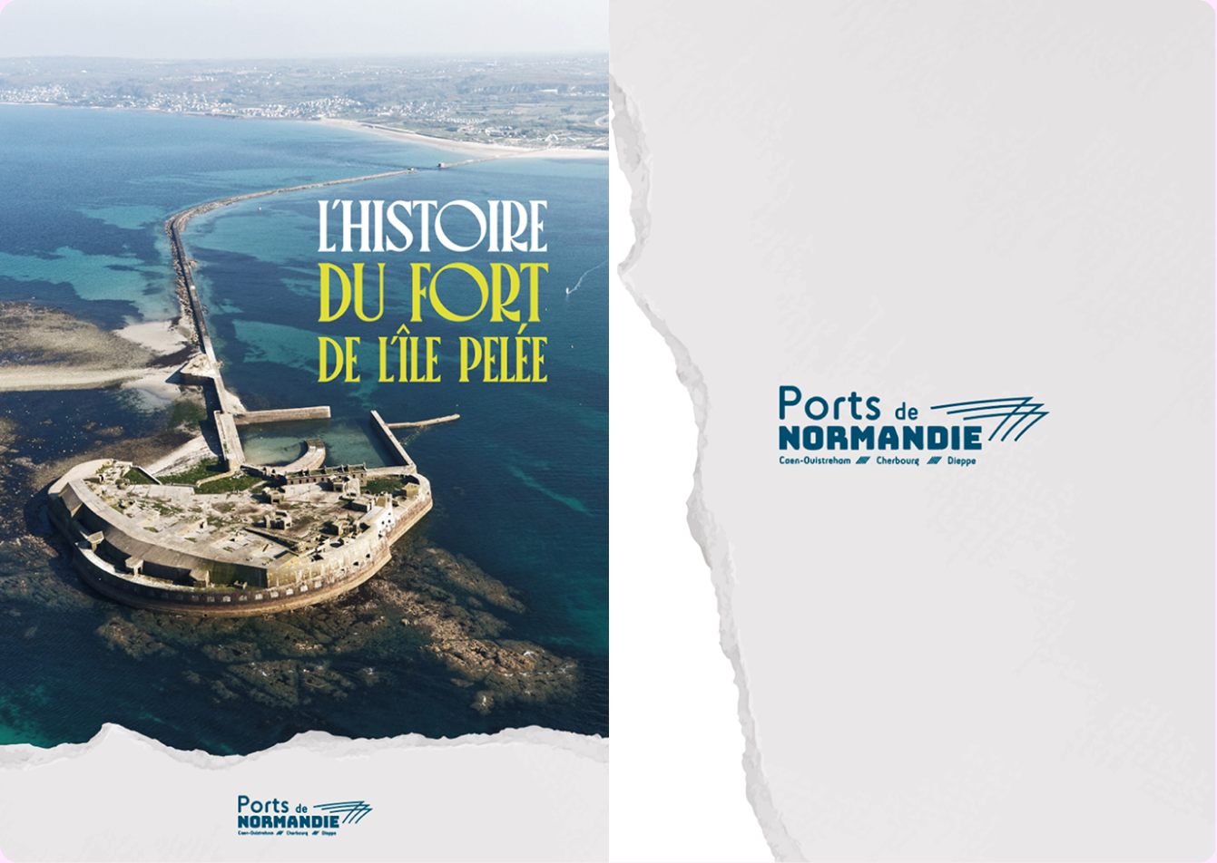 Double page de l’ouvrage Le fort de l’île Pelée : couverture et vue du fort.