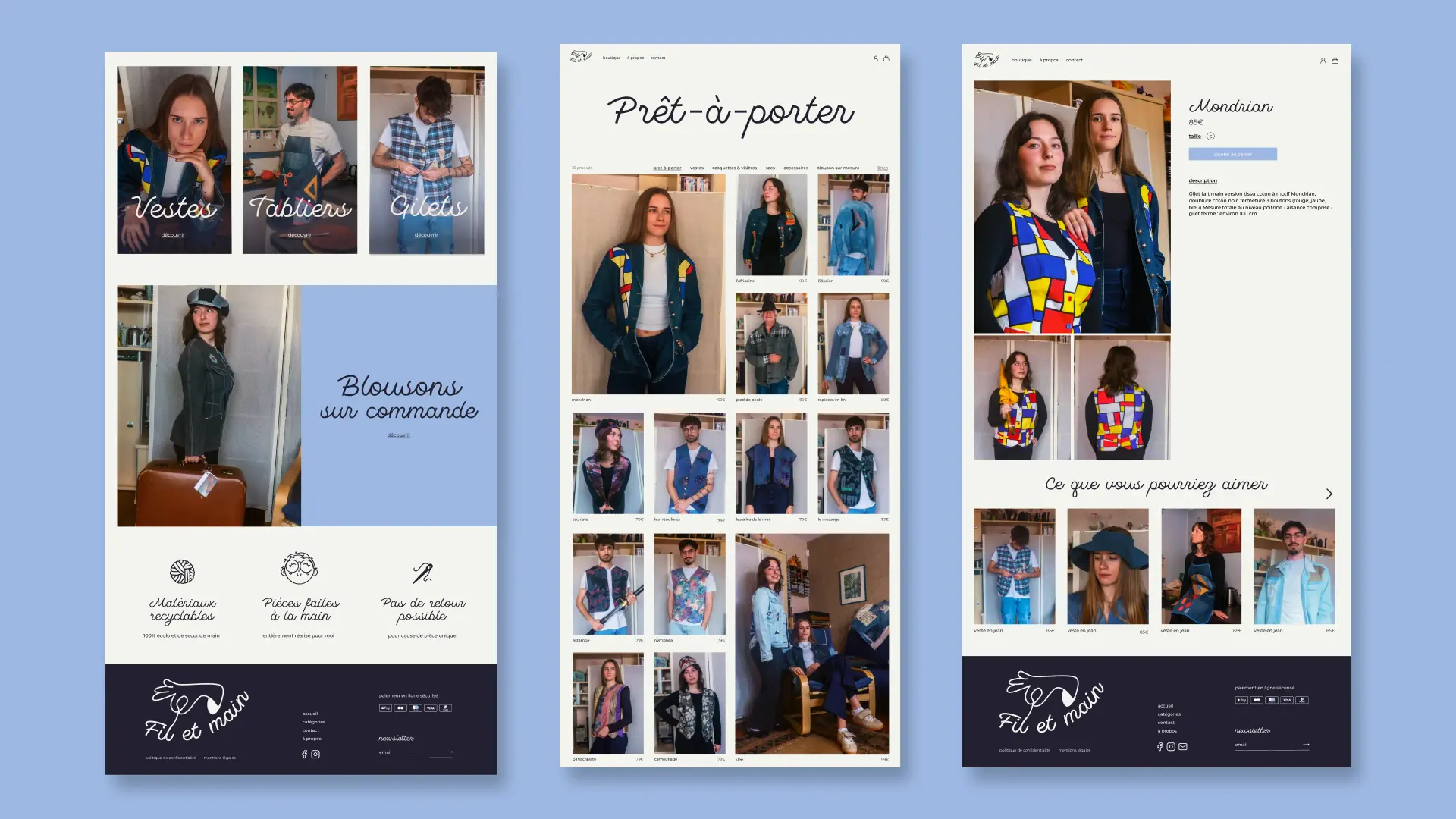 Trois maquettes de la boutique Fil et Main : page d’accueil par catégories, catalogue prêt-à-porter et fiche produit d’un gilet.