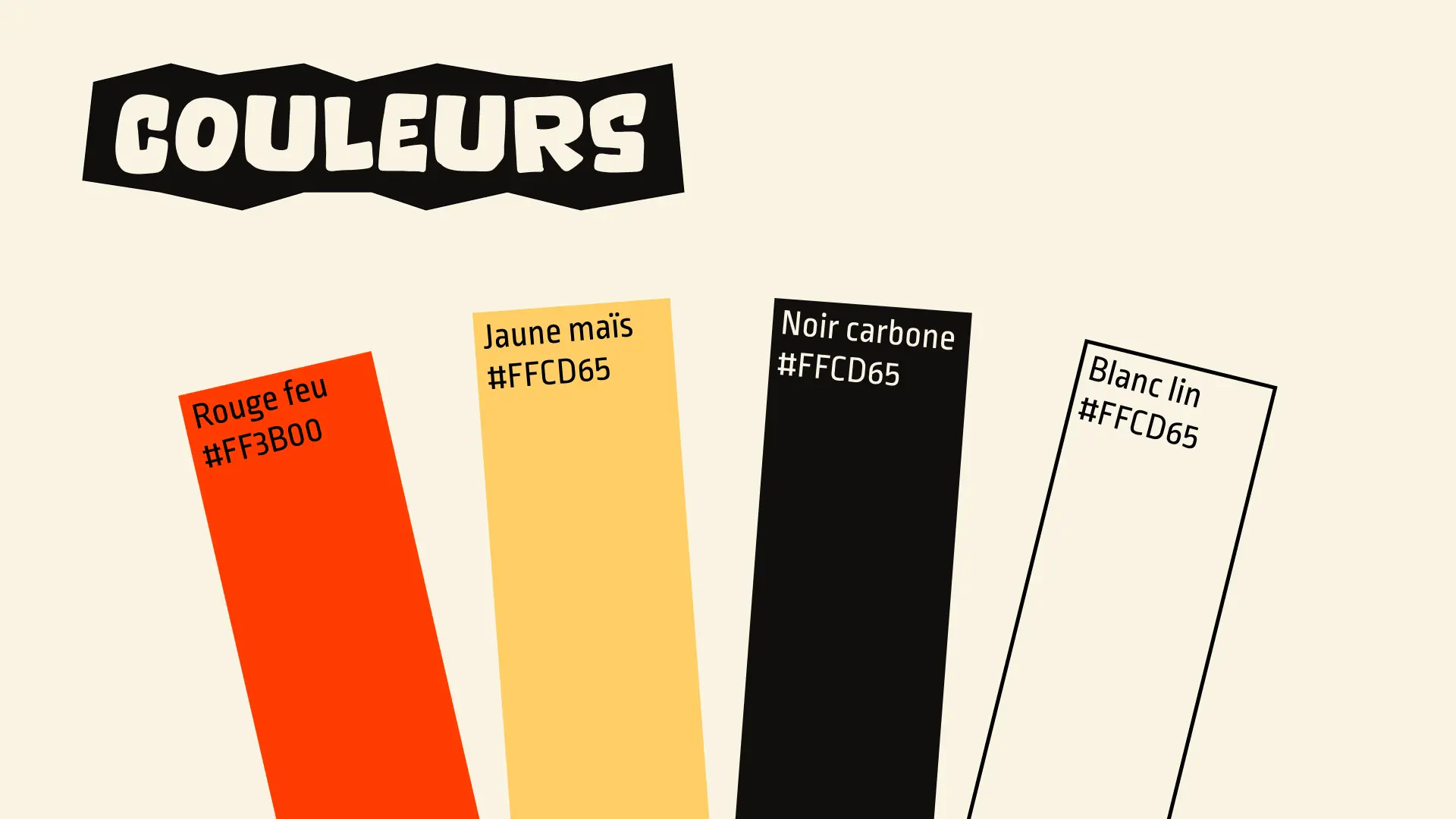 Planche de couleurs Qui a demandé ? présentant quatre bandes inclinées : rouge feu, jaune maïs, noir carbone et blanc lin.