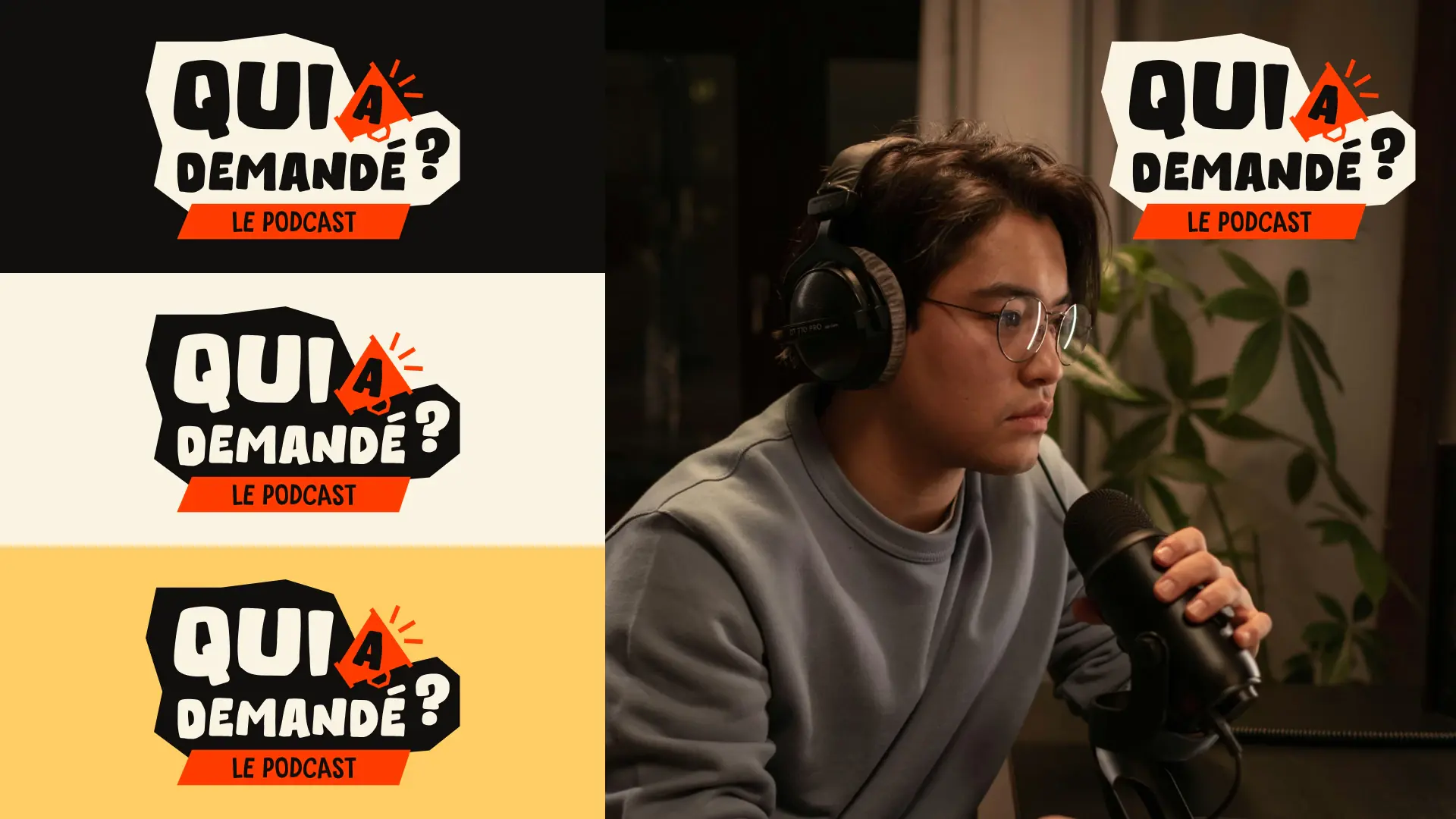Déclinaisons du logotype Qui a demandé ? sur fond noir, blanc lin et jaune maïs, à côté d’une photo d’un animateur au micro casque sur les oreilles.