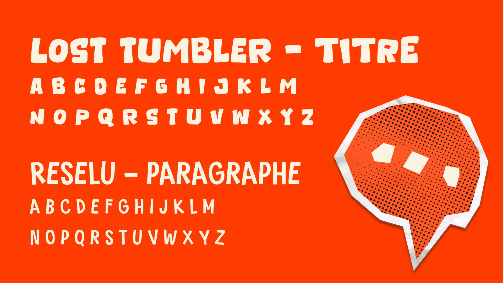 Planche typographique sur fond rouge feu présentant les alphabets Lost Tumbler pour les titres et Reselu pour les paragraphes.